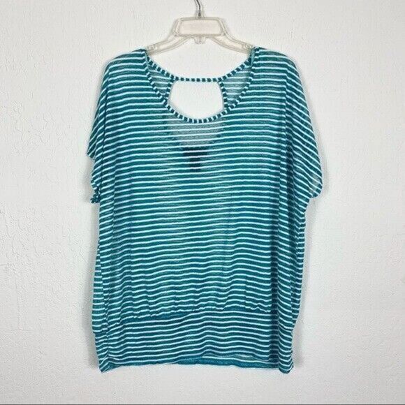 Lane Bryant Aqua Blue & White Striped Open Back Sheer Blouse TShirt Size 20 - Picture 1 of 4